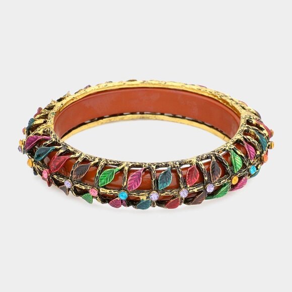 NWT Brown Antique Gold Leaf Crystal Tube Beaded Bangle Bracelet‎ - Picture 1 of 8